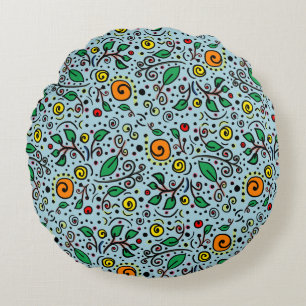Flower Pattern orange Swirl Berry on Teal - Round Pillow
