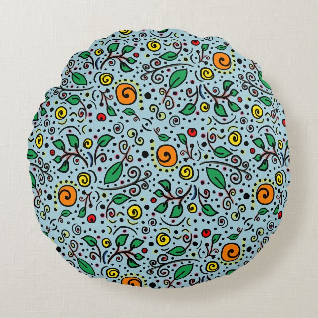 Flower Pattern orange Swirl Berry on Teal -  Round Pillow (Front)