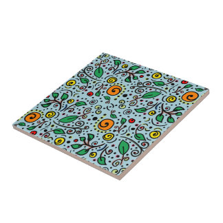 Flower Pattern orange Swirl Berry on Teal - Tile