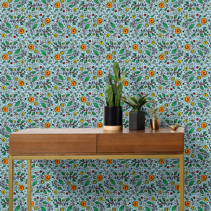 Flower Pattern orange Swirl Berry on Teal - Wallpaper