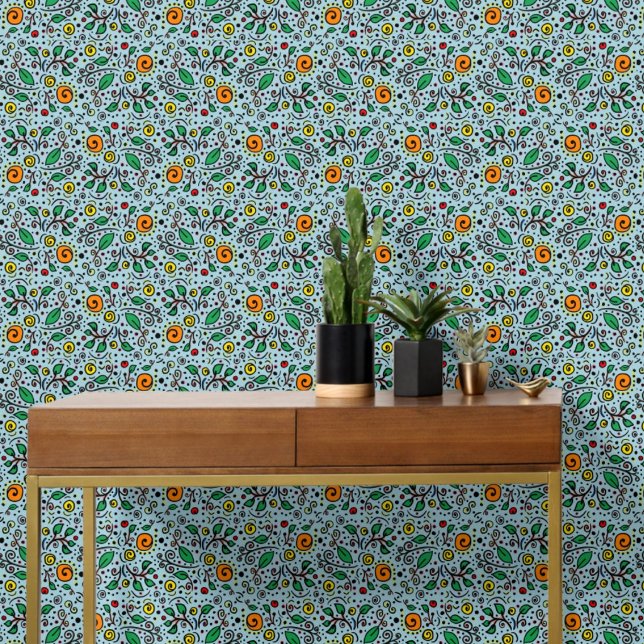 Flower Pattern orange Swirl Berry on Teal -  Wallpaper (Creator Uploaded)
