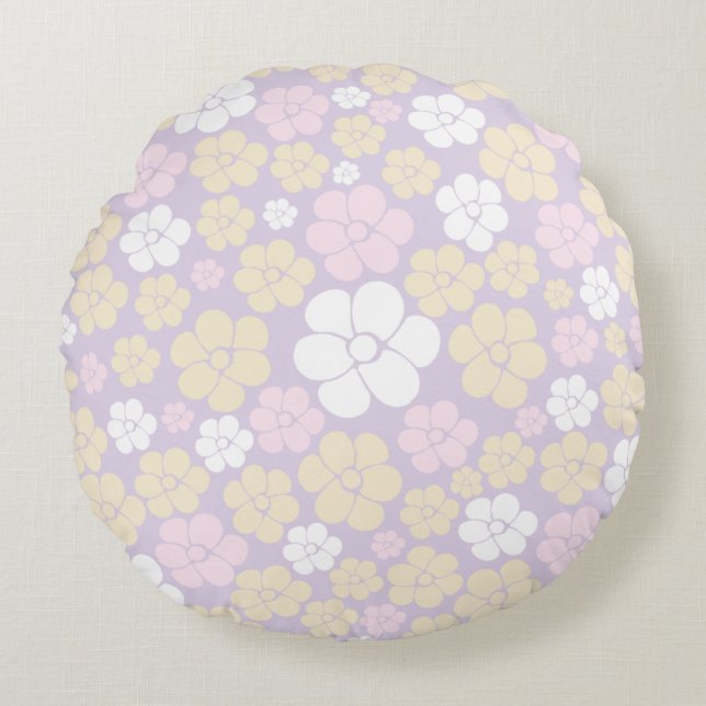 Flower Pattern - Pastel Pink, Yellow and Purple Round Pillow (Front)