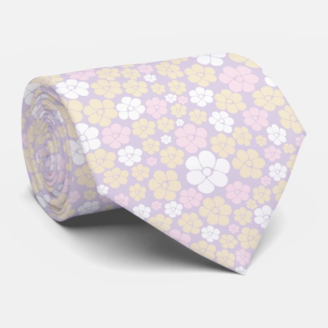 Flower Pattern - Pastel Pink, Yellow and Purple Tie (Rolled)