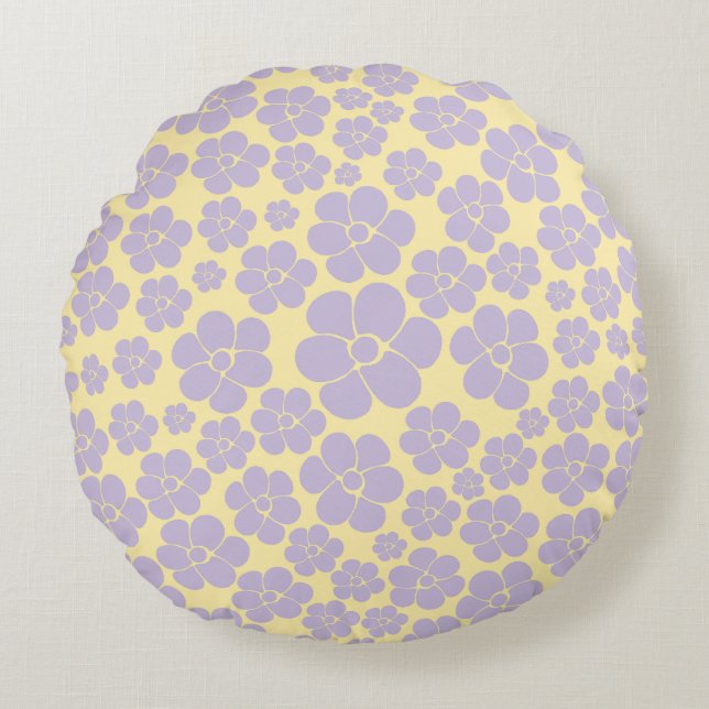 Flower Pattern - Pastel Yellow and Purple Round Pillow (Front)