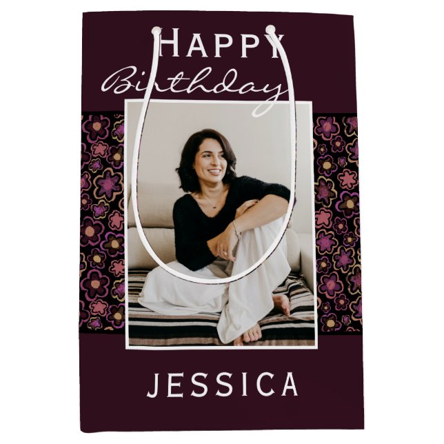 Flower Pattern Photo Happy Birthday Medium Gift Bag (Front)