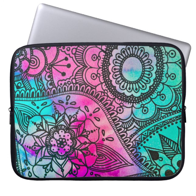 Flower Pattern Pink and Aqua Laptop Sleeve (Front)