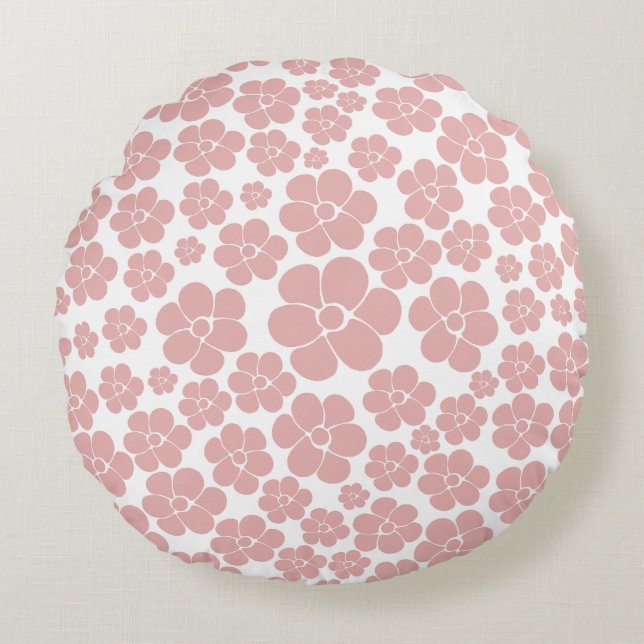 Flower Pattern - Pink and White Round Pillow (Front)