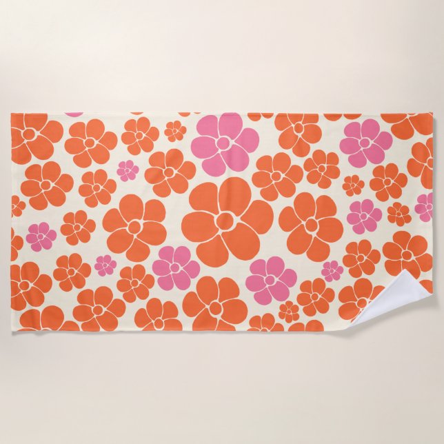 Flower Pattern - Pink, Orange and Cream Beach Towel (Front)