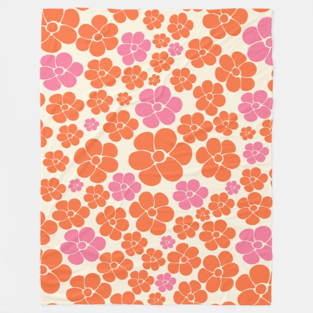 Flower Pattern - Pink, Orange and Cream Fleece Blanket (Front)