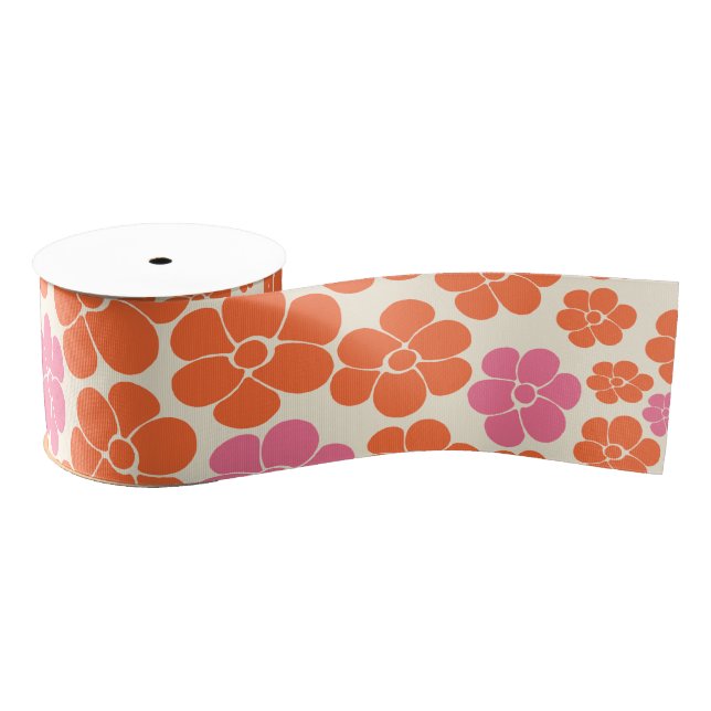 Flower Pattern - Pink, Orange and Cream Grosgrain Ribbon (Spool)