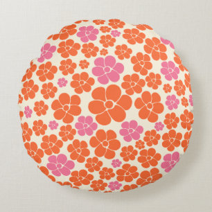 Flower Pattern - Pink, Orange and Cream Round Pillow