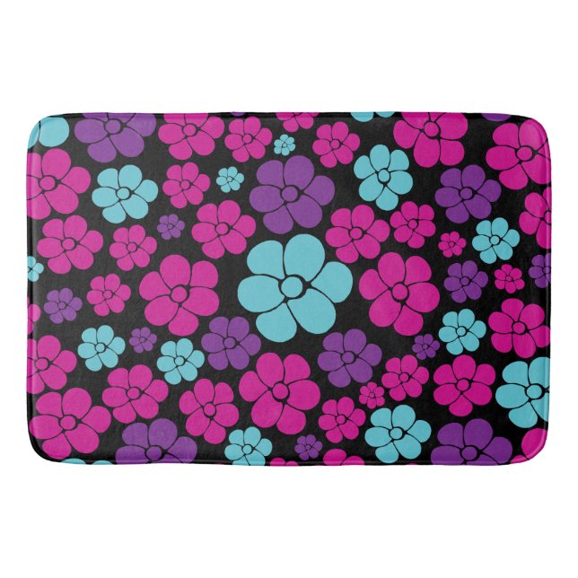 Flower Pattern - Pink, Purple, Blue and Black Bath Mat (Front)