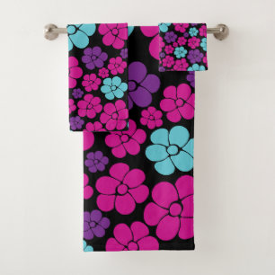 Flower Pattern - Pink, Purple, Blue and Black Bath Towel Set