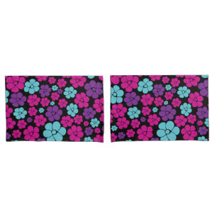 Flower Pattern - Pink, Purple, Blue and Black Pillowcase
