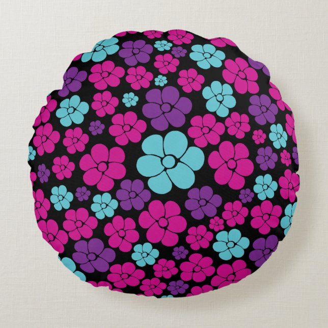 Flower Pattern - Pink, Purple, Blue and Black Round Pillow (Front)