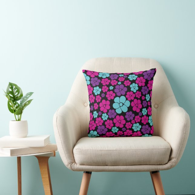 Flower Pattern - Pink, Purple, Blue and Black Throw Pillow (Chair)