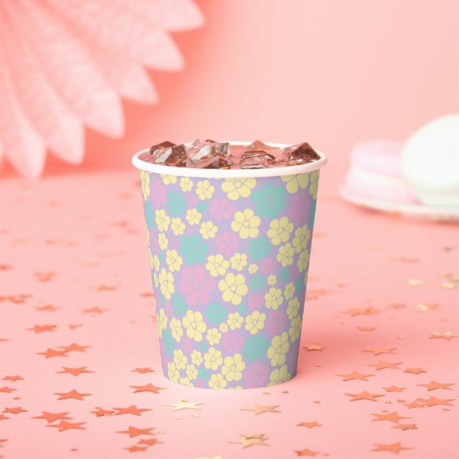 Flower Pattern - Pink, Yellow, Purple and Green Paper Cups (Insitu)