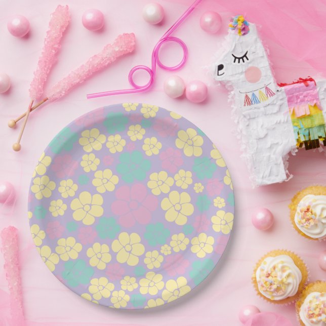 Flower Pattern - Pink, Yellow, Purple and Green Paper Plate (Party)