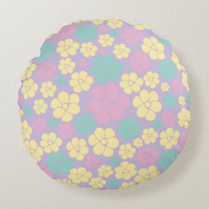 Flower Pattern - Pink, Yellow, Purple and Green Round Pillow