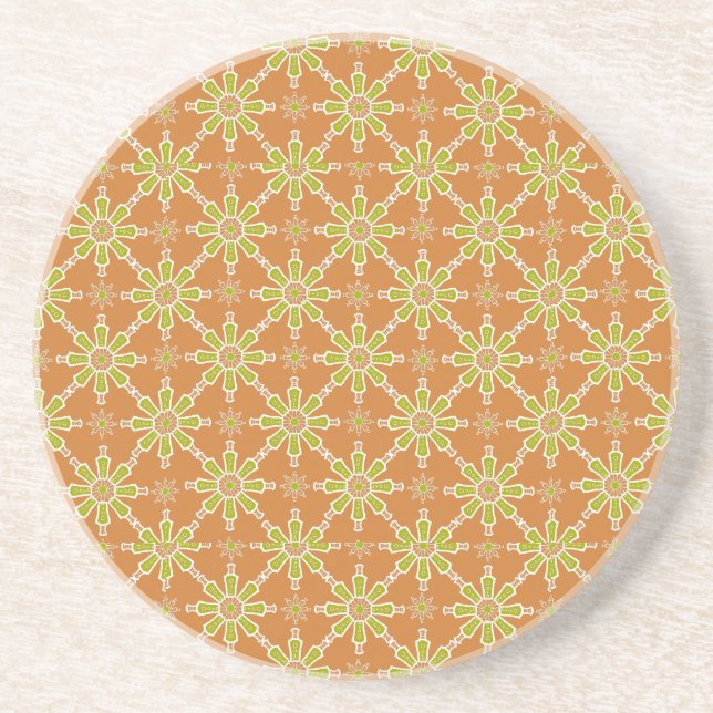 Flower Pattern Rust, Green, Cream Round Coaster (Front)