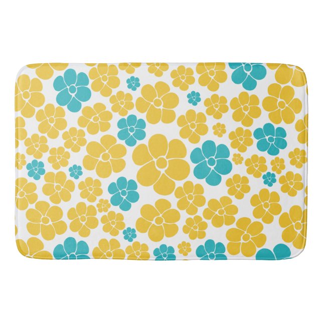 Flower Pattern - Turquoise and Yellow Bath Mat (Front)