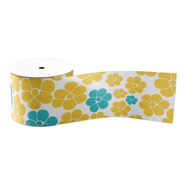 Flower Pattern - Turquoise and Yellow Grosgrain Ribbon (Spool)