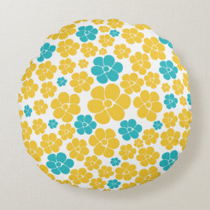 Flower Pattern - Turquoise and Yellow Round Pillow