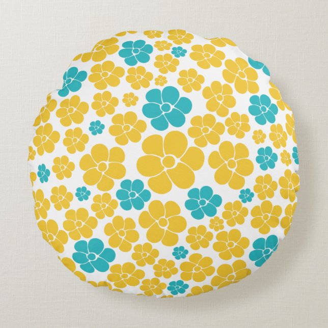 Flower Pattern - Turquoise and Yellow Round Pillow (Front)