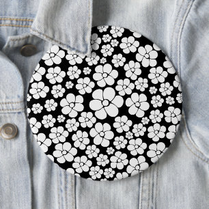 Flower Pattern - White on Black 6 Inch Round Button
