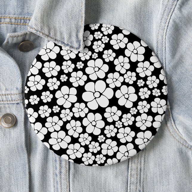 Flower Pattern - White on Black 6 Inch Round Button (In Situ)