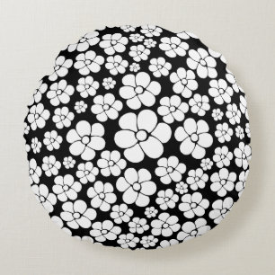 Flower Pattern - White on Black Round Pillow