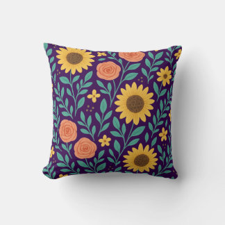 Flower pattern with dark purple background throw pillow