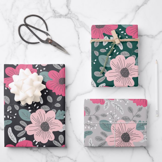 Flower Pattern Wrapping Paper Flat Sheet Set of 3 (Front)