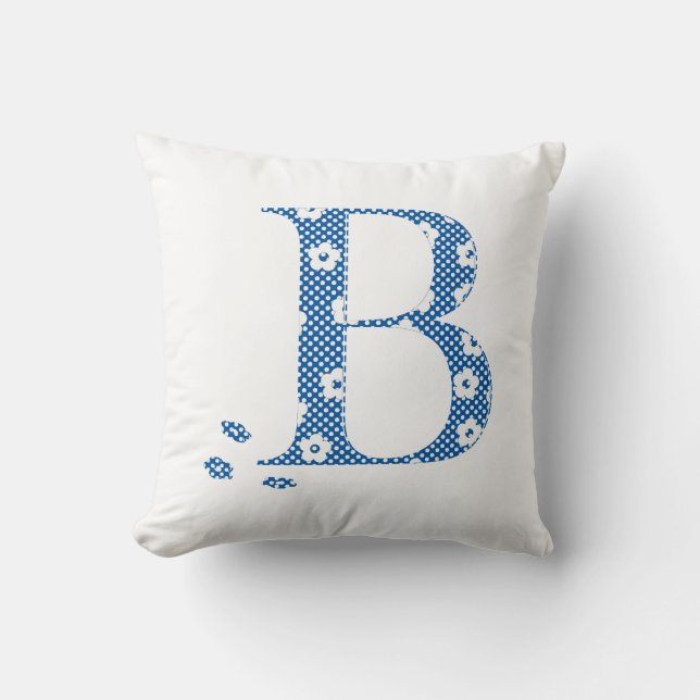flower Patterned Letter B(blue & dots) Throw Pillow (Front)
