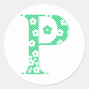 flower Patterned Letter P (green & dots) Classic Round Sticker