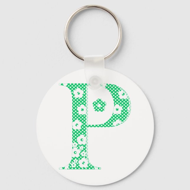 flower Patterned Letter P (green & dots) Keychain (Front)