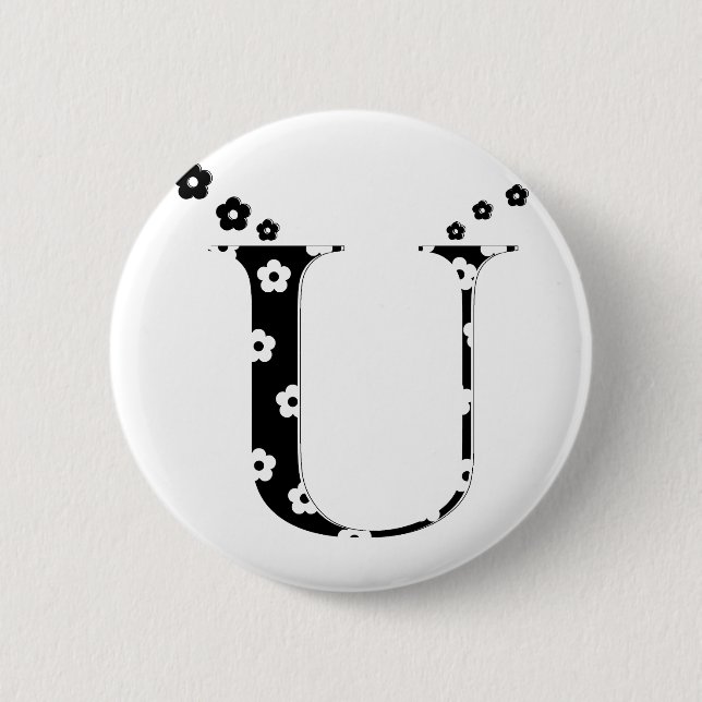 flower Patterned Letter U 2 Inch Round Button (Front)