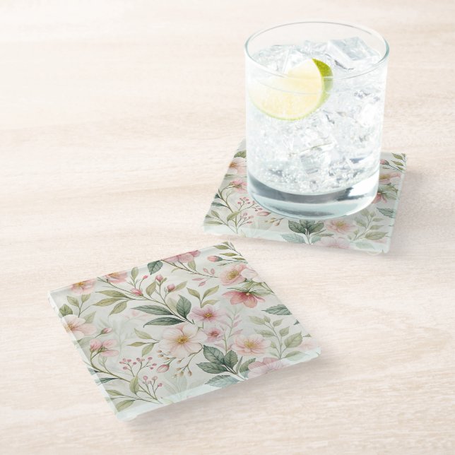 Flower patterns pink pastel cute glass coaster (Angled)