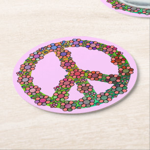 Flower Peace Sign Symbol Floral Pink Round Paper Coaster
