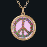 Flower Peace Sign Symbol Gold Plated Necklace<br><div class="desc">A retro peace sign / peace symbol with tie dye colours and brightly coloured flowers over it. A colourful design for proud hippies / lovers of world peace.</div>