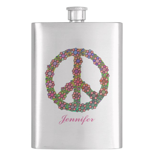 Flower Peace Sign Symbol Personalized Hip Flask (Front)