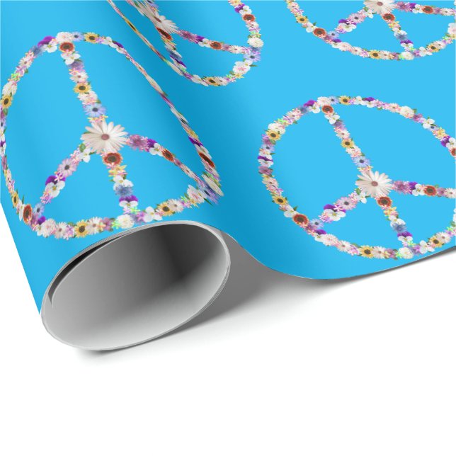 Flower Peace Signs On Aqua Wrapping Paper (Roll Corner)