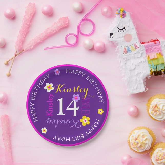 Flower personalized name age 14th birthday purple paper plate (Party)