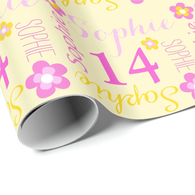 Flower personalized name age 14th birthday wrap wrapping paper (Roll Corner)