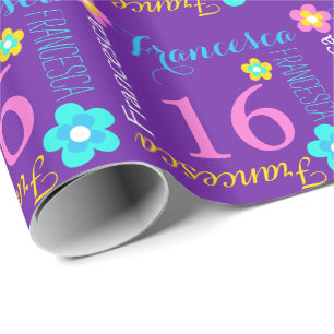 Flower personalized name age 16th birthday wrap wrapping paper