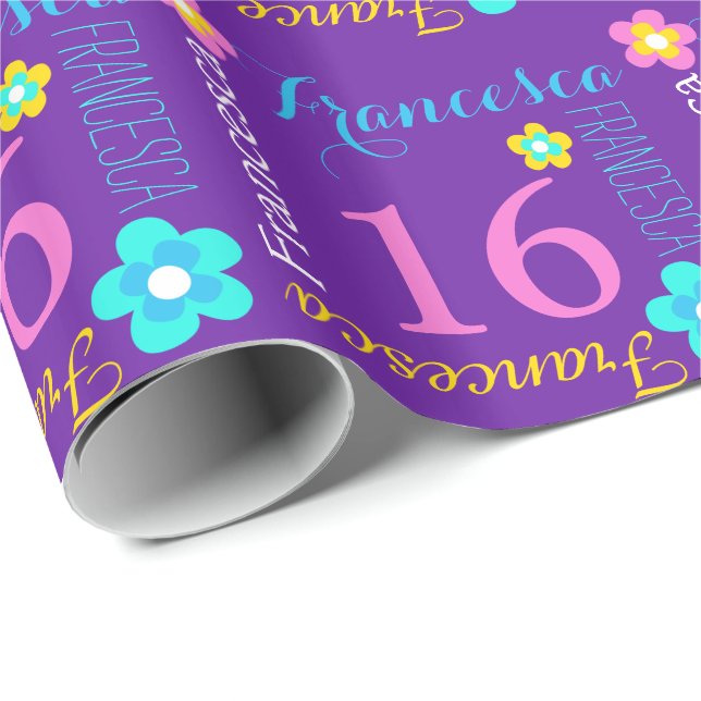 Flower personalized name age 16th birthday wrap wrapping paper (Roll Corner)
