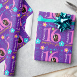 Flower personalized name age 16th birthday wrap wrapping paper<br><div class="desc">Modern text and flower design personalized age birthday girls gift wrapping paper, featuring graphic flowers and your own nine letter name in purple, pink, white and yellow. Personalize with your own name (please note not all names will fit due to the nature of the font) and age, currently reads Francesca...</div>