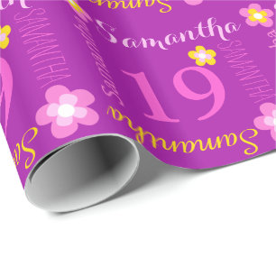Flower personalized name age 19th birthday wrap wrapping paper