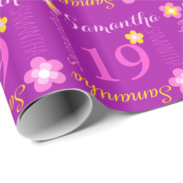 Flower personalized name age 19th birthday wrap wrapping paper (Roll Corner)