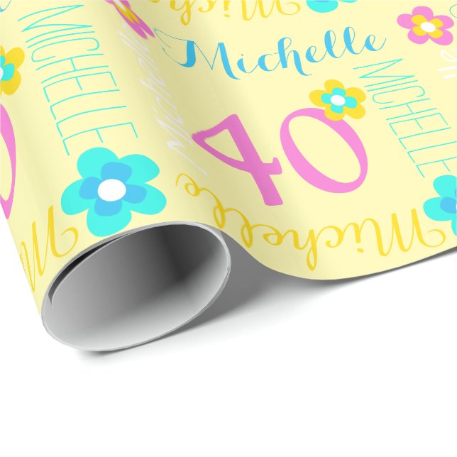 Flower personalized name age 40th birthday wrap wrapping paper (Roll Corner)